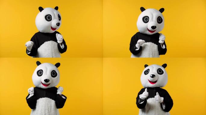 穿着熊猫熊服装的人在黄色上跳舞