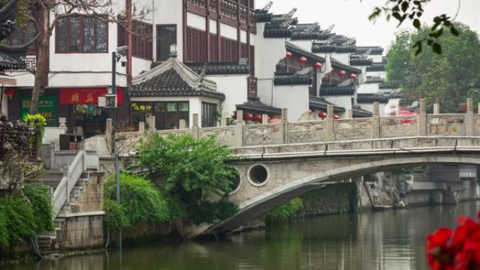 南京城市日时间著名的老城河桥侧延时全景4k中国