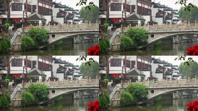 南京城市日时间著名的老城河桥侧延时全景4k中国