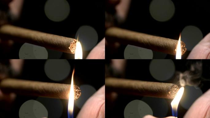 特写男人灯雪茄慢动作