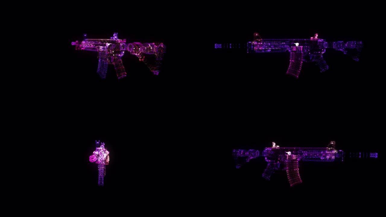 自动步枪RGB全息线框。黑色背景上的漂亮3D动画，未来项目的无缝循环