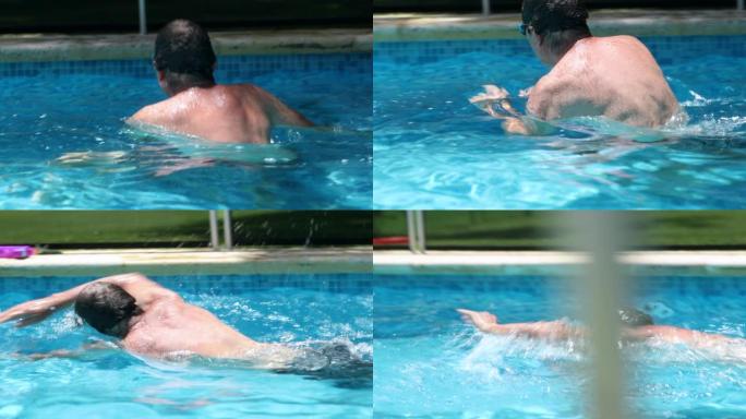 阳光照射期间活跃的老人在游泳池游泳