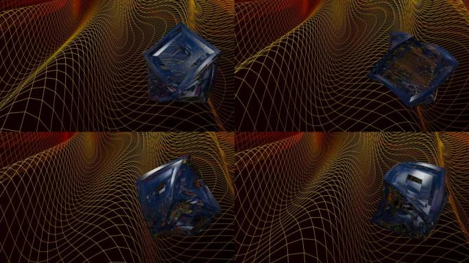 蓝色立方结构在彩色波动网格上旋转-3D渲染视频剪辑