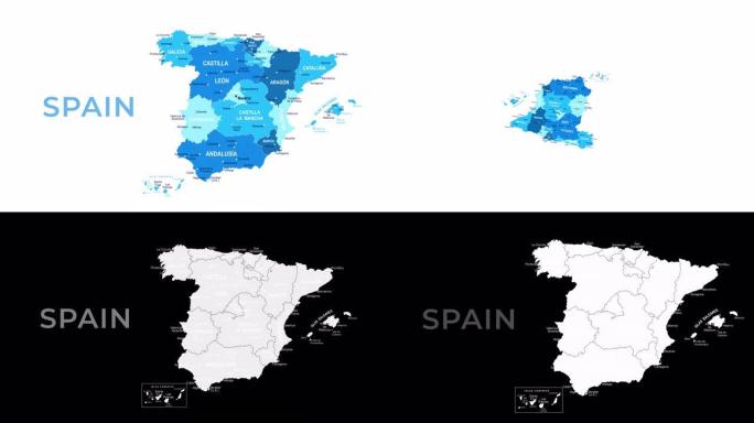 西班牙地图-运动图形卡通动画镜头。4k分辨率视频。包括透明阿尔法通道。白色背景