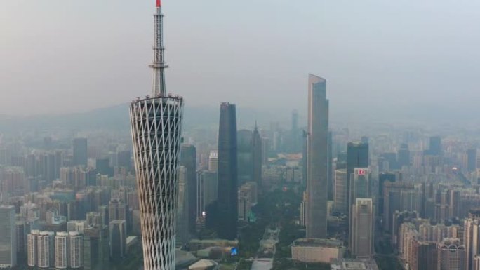 日落时间广州市著名塔顶市中心广场空中全景4k中国