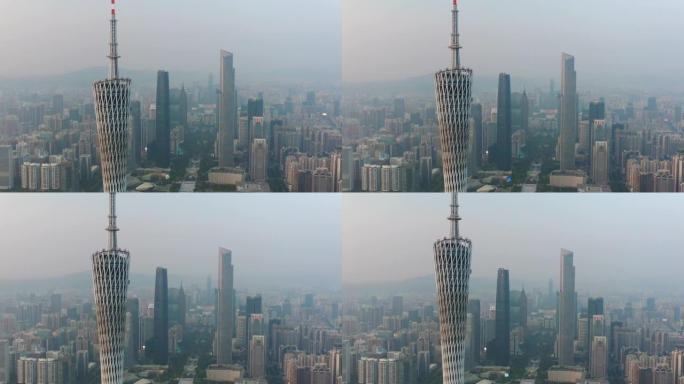 日落时间广州市著名塔顶市中心广场空中全景4k中国