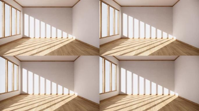 木地板上的白色空房间室内设计。3d渲染