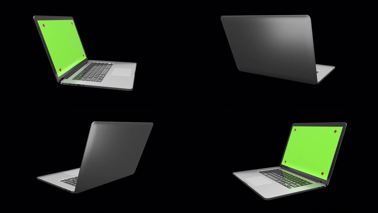 笔记本电脑转台约360度有绿屏监视器和红色轨迹点与3d渲染包括阿尔法通道。
