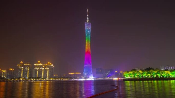 广州市夜间照明显示河湾前景延时全景4k中国
