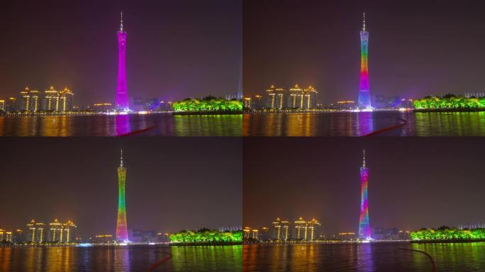 广州市夜间照明显示河湾前景延时全景4k中国