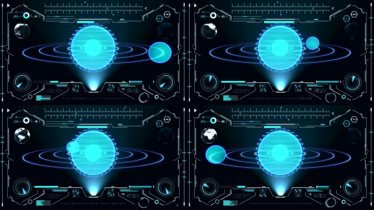 与太空星球的未来用户界面。HUD和信息图表元素。虚拟数字技术背景。用于商业，游戏，运动设计，web和