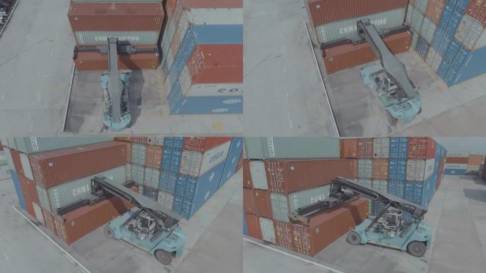 在集装箱码头行驶的空中卡车库存视频