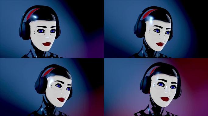 可爱的网络女孩戴着耳机的机器人人工智能dj在霓虹灯下的t台上跳舞。
