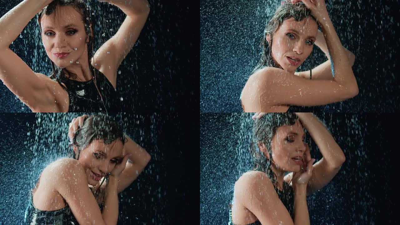 诱人的湿女人在雨慢动作下跳舞。4k红色相机上的中特写镜头