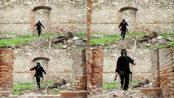 一个穿着黑色衣服和防毒面具的流浪男子穿过一栋废弃的建筑物。后世界末日世界。跟踪者概念，核或化学战争后