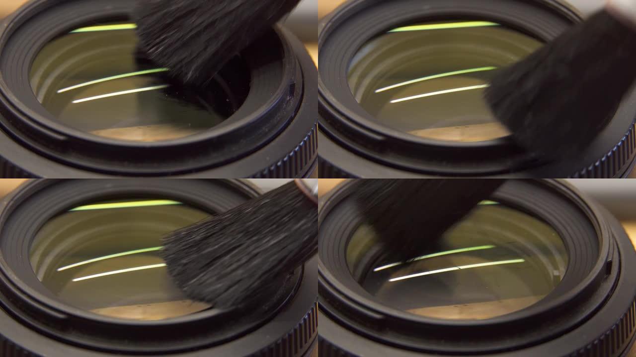 清洁镜头，用刷子微距特写镜头