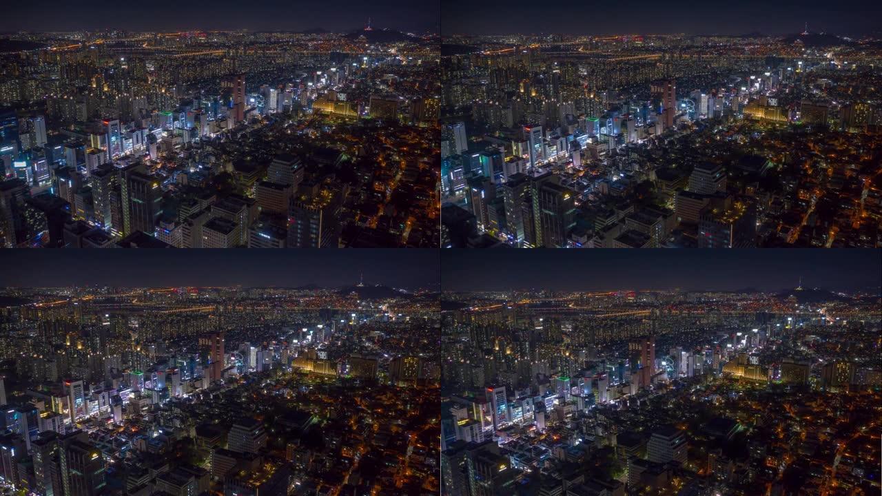 首尔市中心交通街空中全景4k延时韩国夜间照明飞行