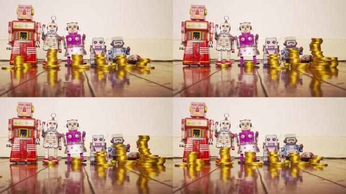 带有黄金玩具钱的复古机器人将穷人转移到富人再回来