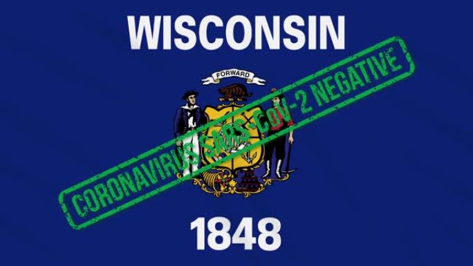 美国威斯康辛州摇摆的旗帜上印有免受冠状病毒感染的绿色印章，循环