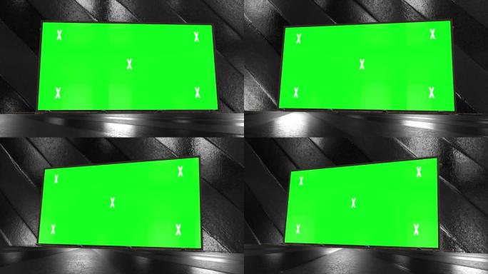 抽象创意隧道和绿屏阿尔法通道广告牌模拟。霓虹灯、蓝紫色发光二极管条和技术、科幻、未来派网络朋克3D渲