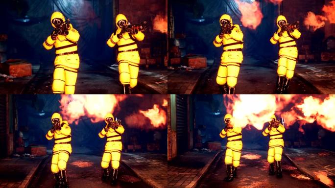 穿着黄色防护服的男人用喷火器对城市的感染区域进行消毒。穿着细菌服和防毒面具的人。