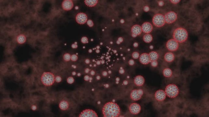 冠状病毒细胞新型冠状病毒肺炎黑色背景上的传染病。疾病的快速传播。高浓度的冠状病毒。3D渲染循环4k
