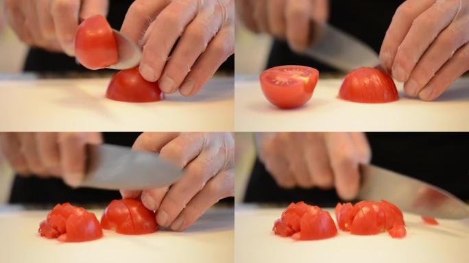 一位厨师正在专业切菜板上切番茄