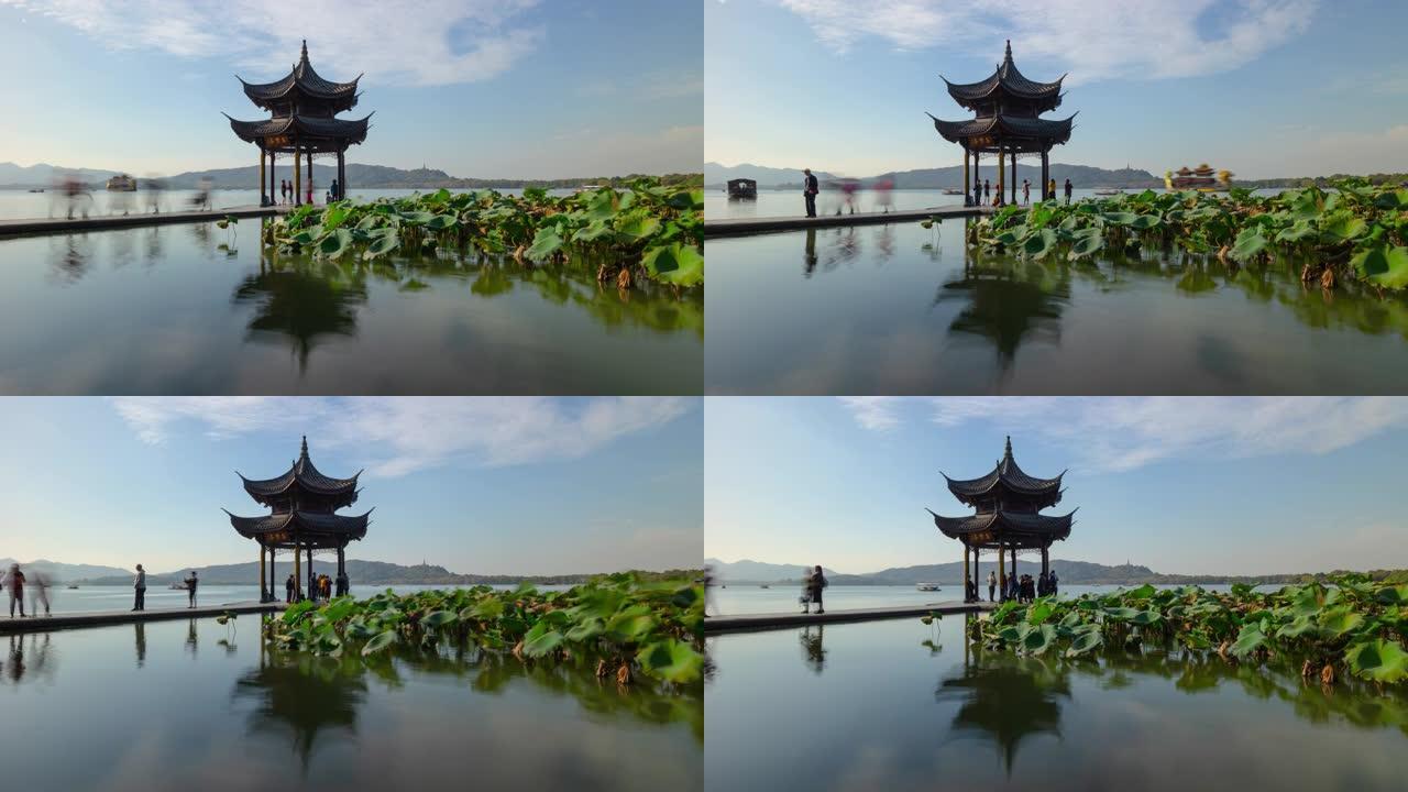 杭州市阳光明媚的夏日著名的湖湾宝塔码头全景延时4k中国