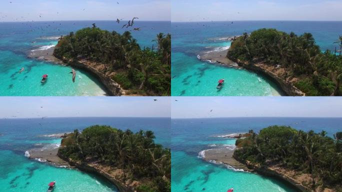 在热带岛屿巴托洛梅岛 (Isla bartolom é Panama) 附近飞行的鹈鹕无人机视频