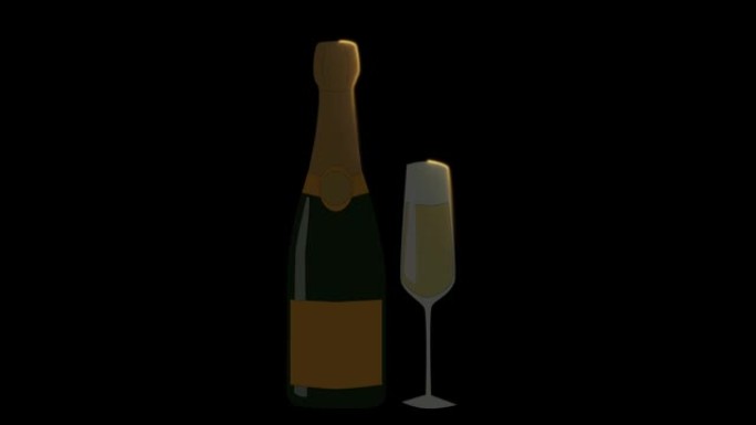 香槟瓶和高酒杯，黑色背景上有酒精饮料。黄色霓虹灯。派对，庆典，魅力，丰富的生活。优雅