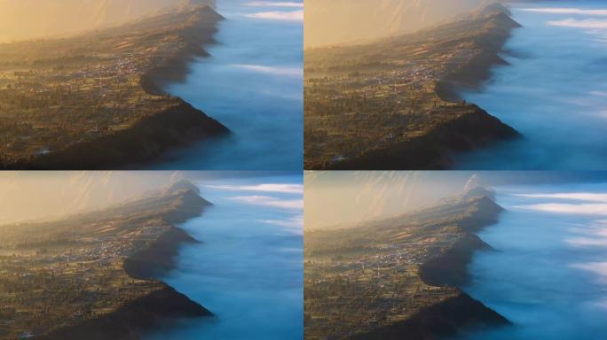 美丽的悬崖边村阳光和薄雾，印度尼西亚东爪哇省的地标旅游地点 (向上倾斜)