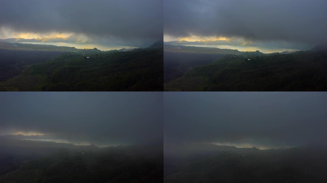 晴天雨云巴厘岛著名火山湖空中延时全景4k印度尼西亚