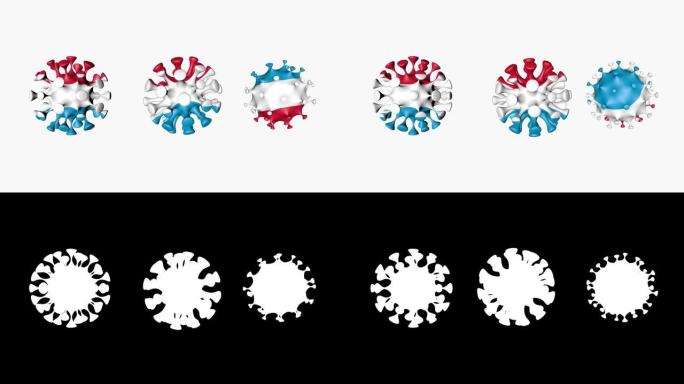 3D动画冠状病毒2019-nCoV卢森堡大公国。病毒球covid19的卢森堡国旗，白色背景。阿尔法通