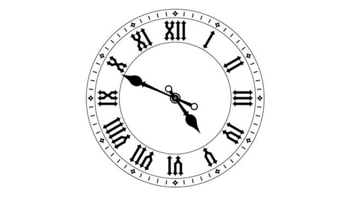 从中午到午夜的循环运动。扁平黑色钟面上的罗马数字。动画4k视频
