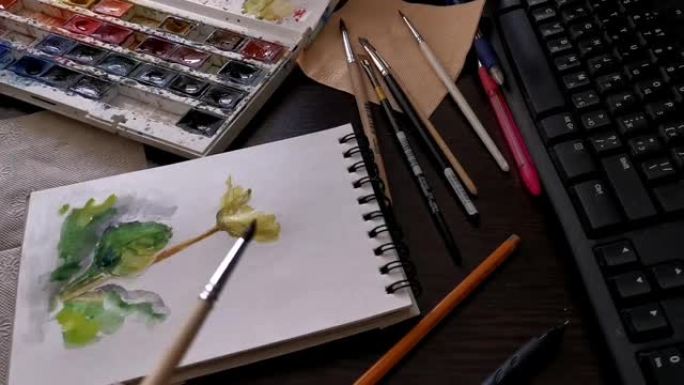 一个女孩用水彩时光倒流画一朵花
