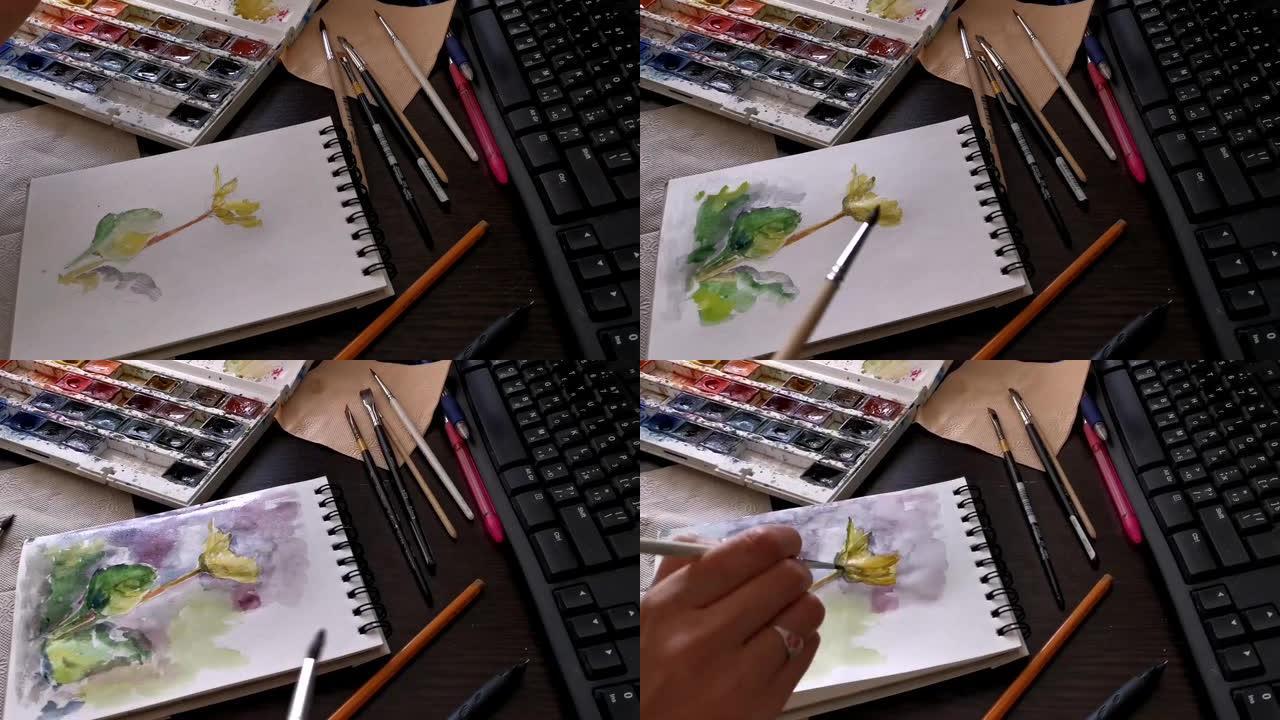 一个女孩用水彩时光倒流画一朵花