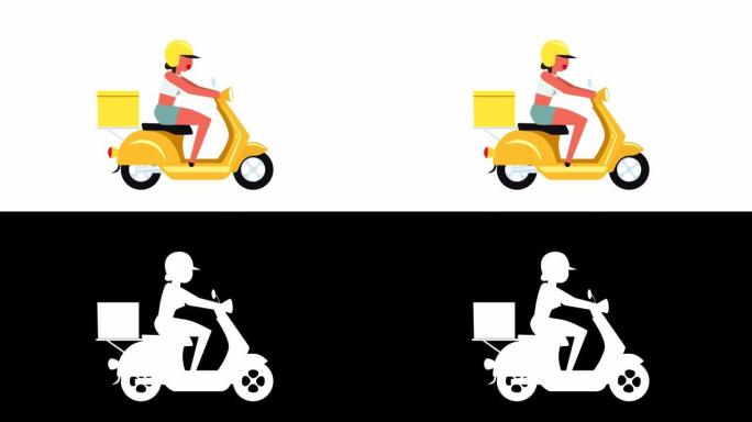 简笔画彩色象形图女人角色骑黄色摩托车送货动画