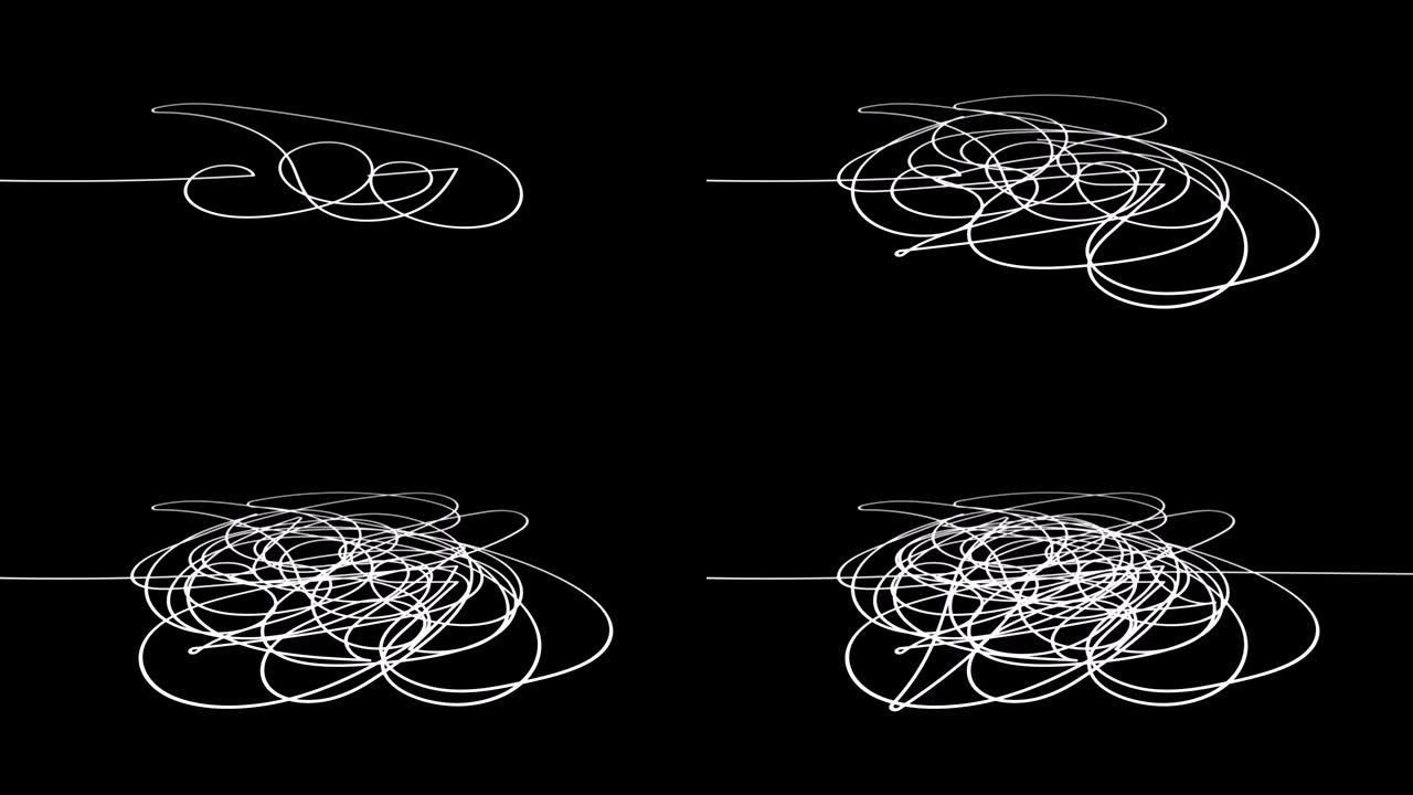 手绘缠结涂鸦草图或黑线球形抽象涂鸦形状。纠结的混乱涂鸦圈画圈或线结。