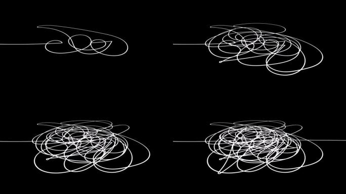 手绘缠结涂鸦草图或黑线球形抽象涂鸦形状。纠结的混乱涂鸦圈画圈或线结。