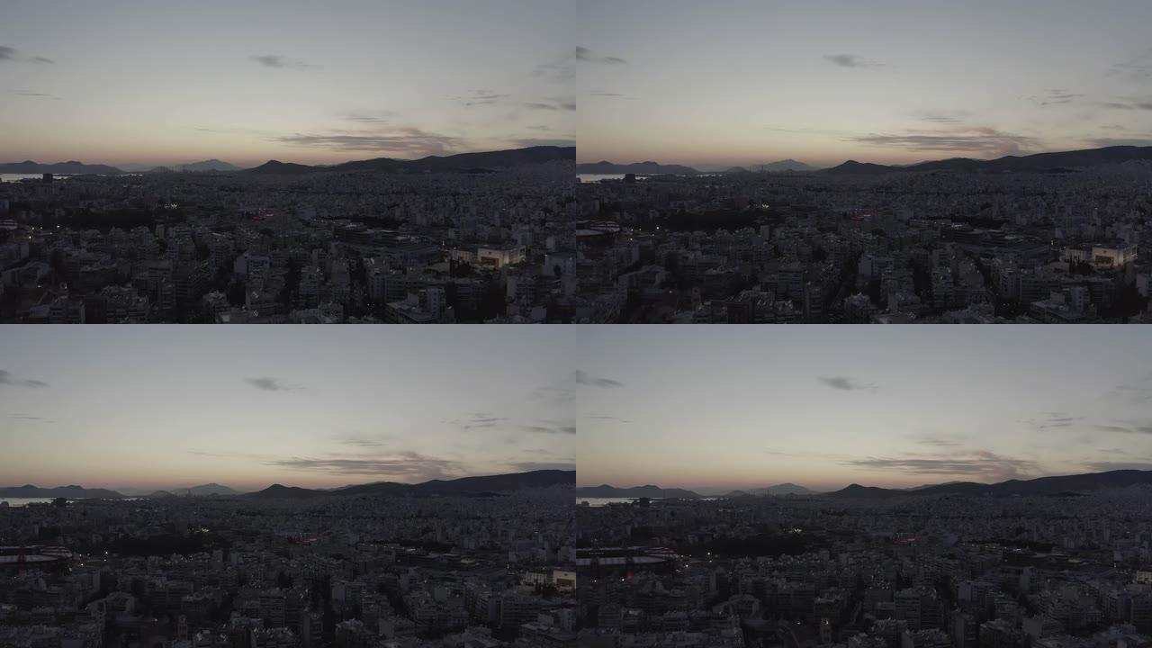 空中原始镜头-雅典-黄昏时在比雷埃夫斯-皮雷亚斯的城市和港口上空飞行