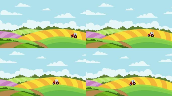 景观背景说明黄色，绿色和紫色的种植田地，蓝天和缓慢移动的云，拖拉机从右向左穿过绿色田地的中间