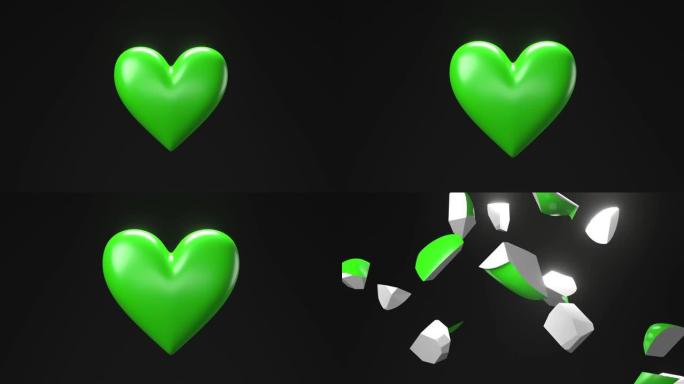 黑色背景中的绿色破碎的心脏物体。心形物体破碎成碎片。