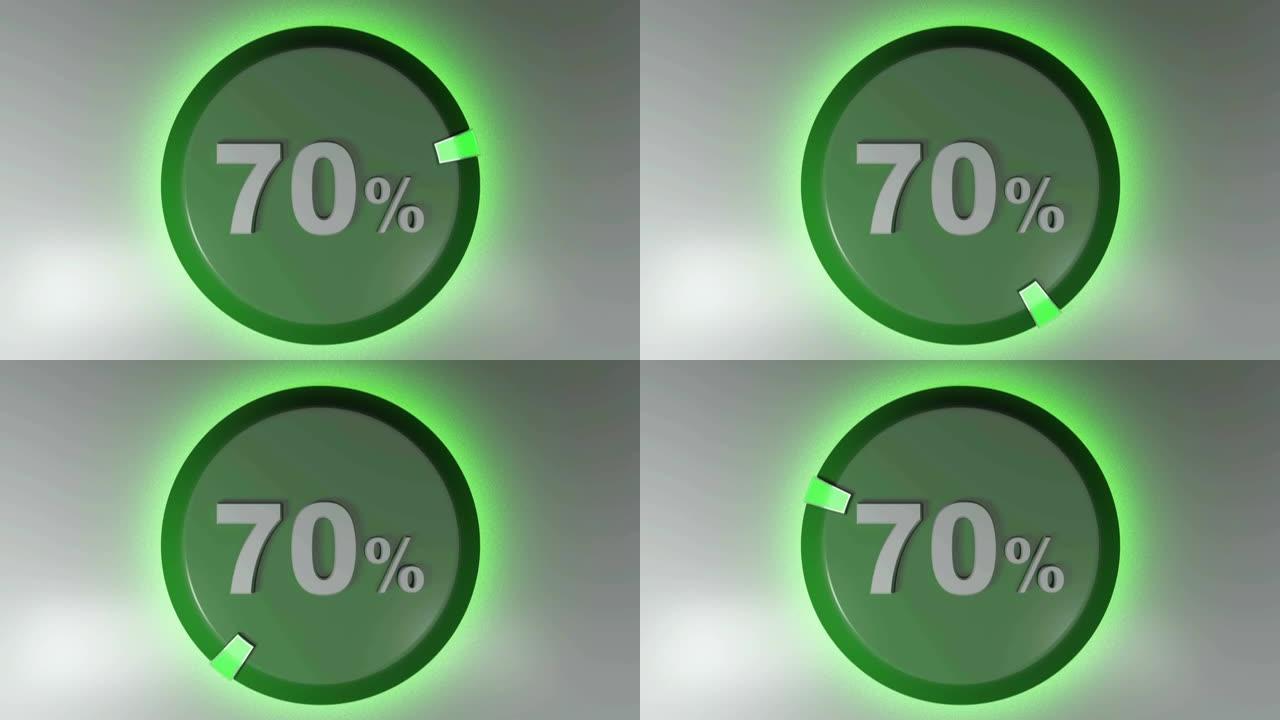 70% 绿色圆形标志与旋转光标-3D渲染视频剪辑