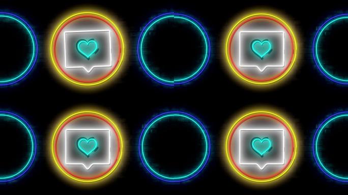 发光圆圈中闪烁的蓝色霓虹灯数字心脏图标的动画
