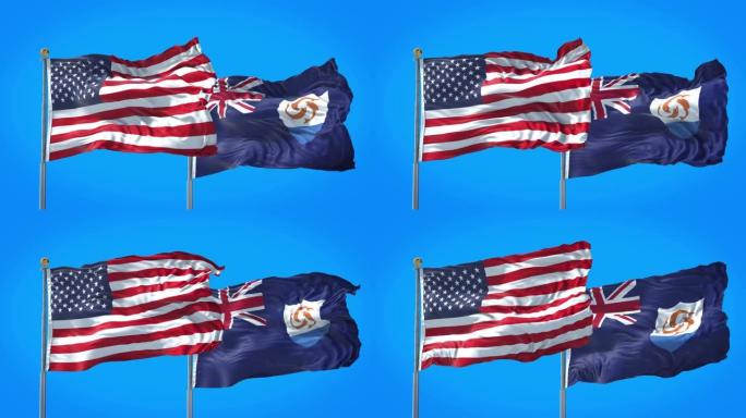 安圭拉和美国的国旗一起在深蓝色的天空中飘扬。高清3D渲染。