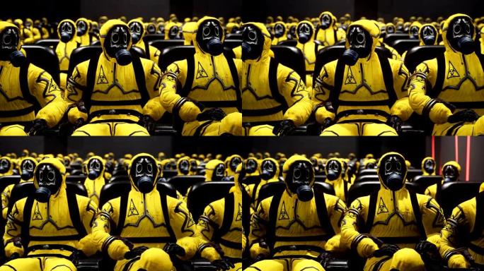 穿着黄色防护服的人坐在电影院里等待电影。穿着细菌防护服和防毒面具的人。