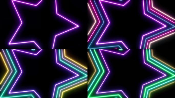 黑色背景上的抽象浅霓虹灯框架。激光表演循环动画。4k视频