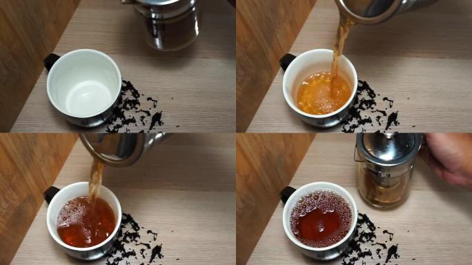 Pouring a hot tea cup.
