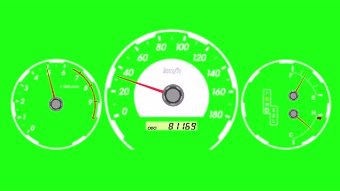 速度表跑车，启动加速和制动。绿屏背景。4k动画。