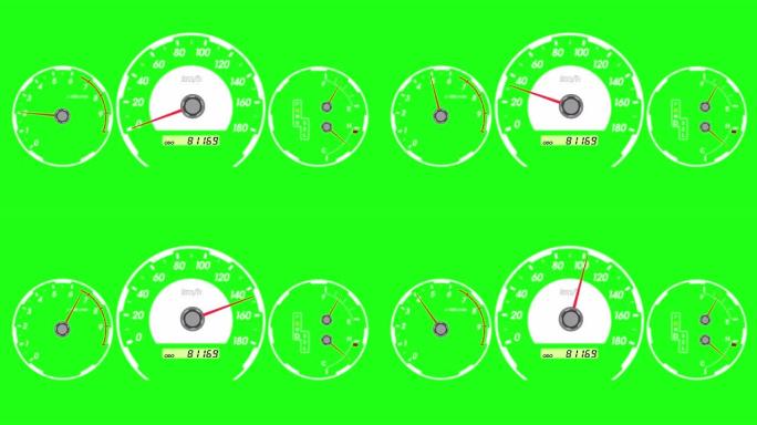 速度表跑车，启动加速和制动。绿屏背景。4k动画。